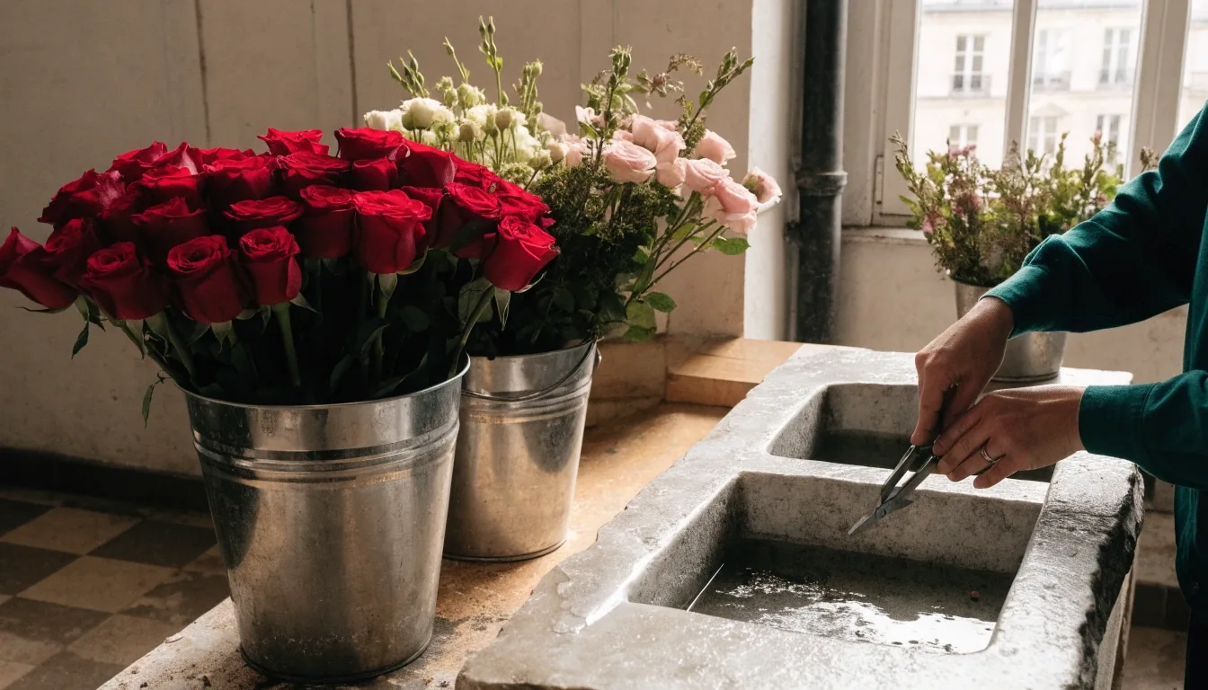 Arrière boutique d'un fleuriste parisien avec seaux de roses et tiges de saison