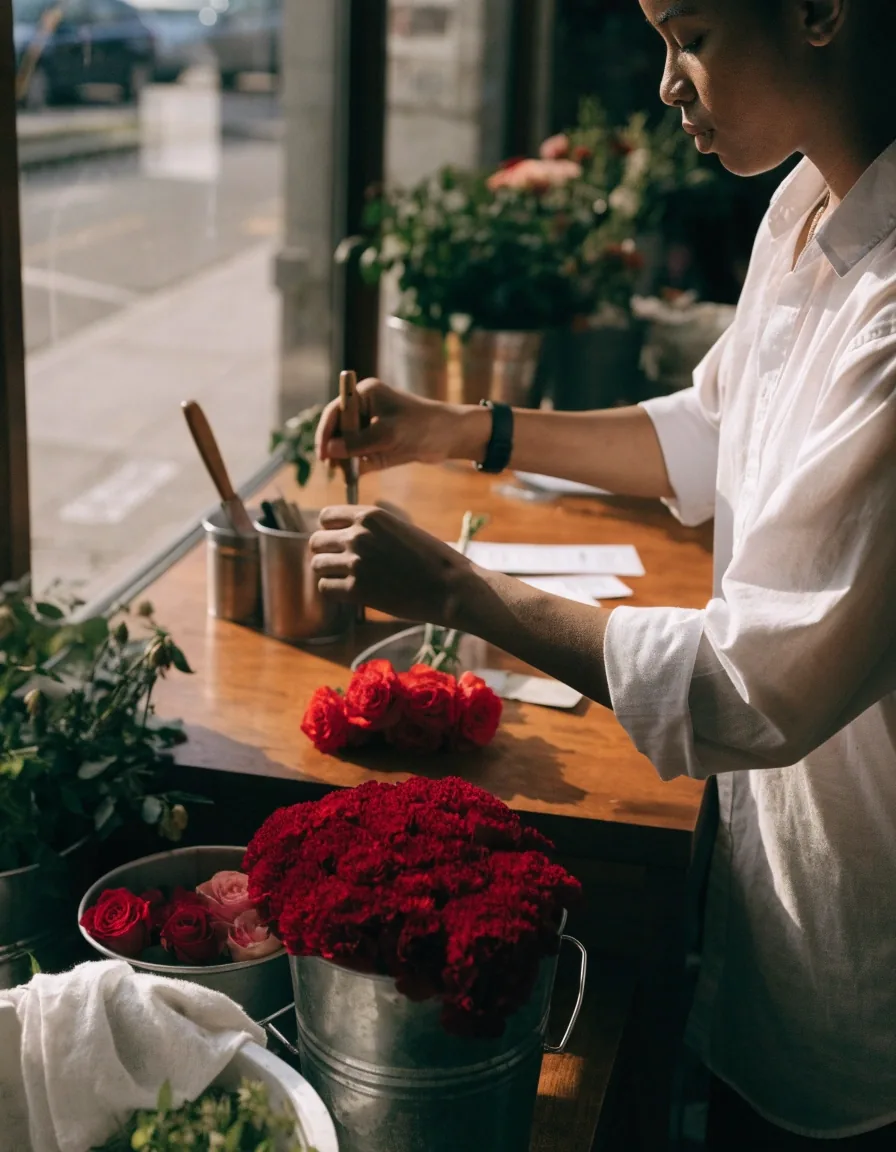 Artisan fleuriste arrangeant des roses dans sa boutique en France