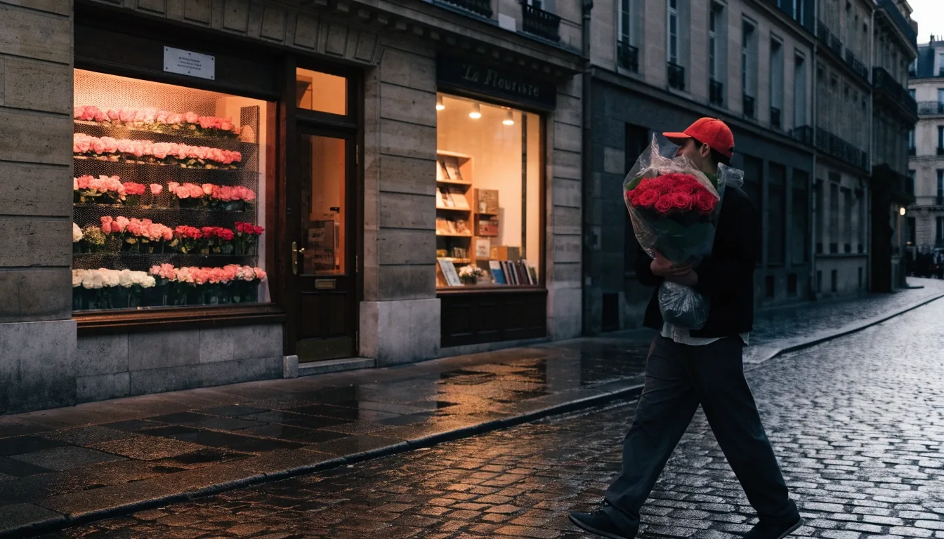 Livraison d’un bouquet dans une rue parisienne à la tombée du jour
