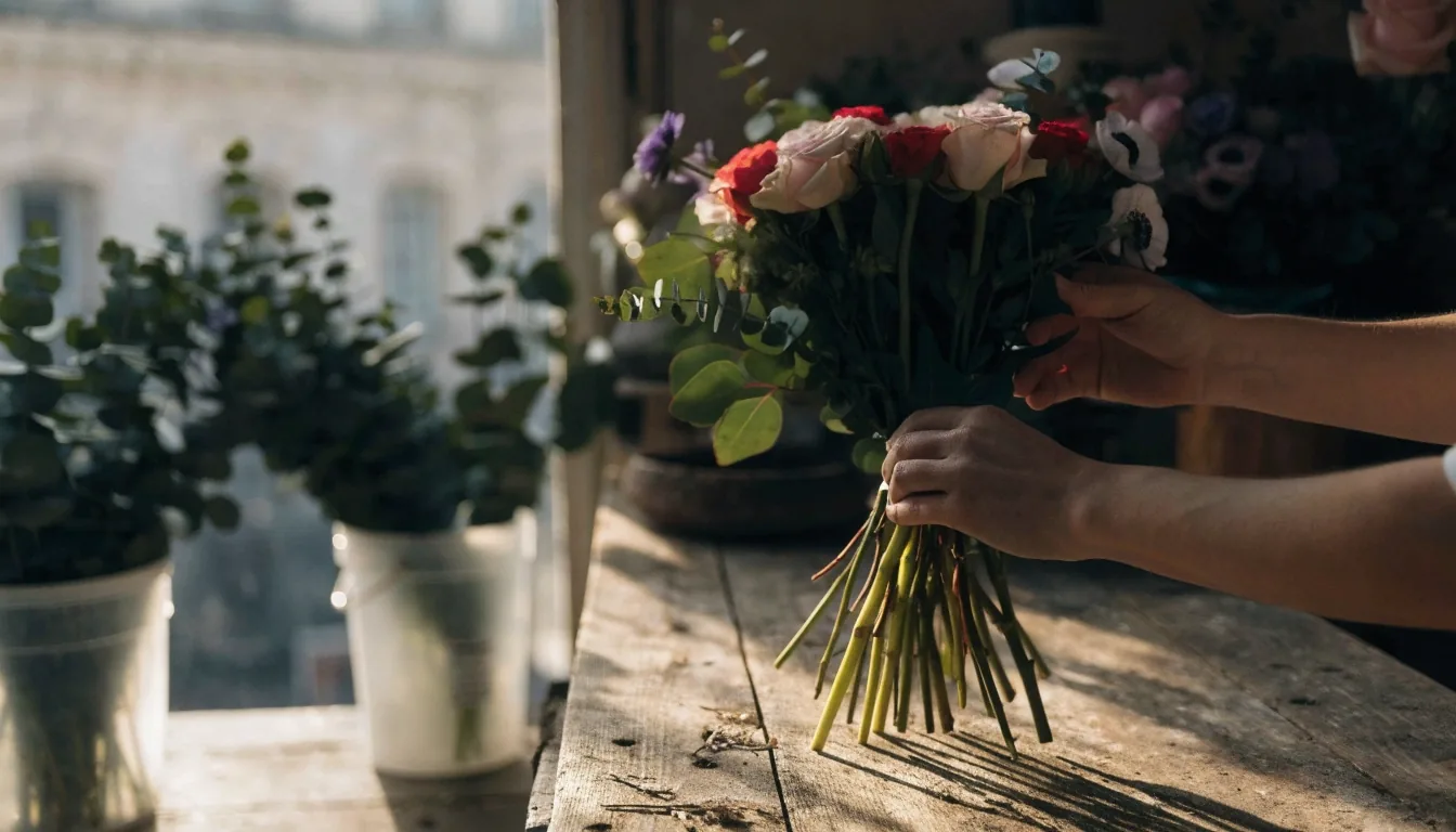 Mains d’une artisan fleuriste assemblant un bouquet de saison sur un établi