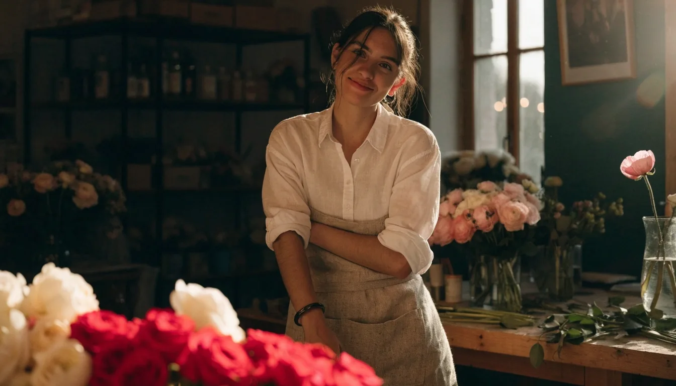 Arrière boutique d'un fleuriste à Paris avec seaux de roses