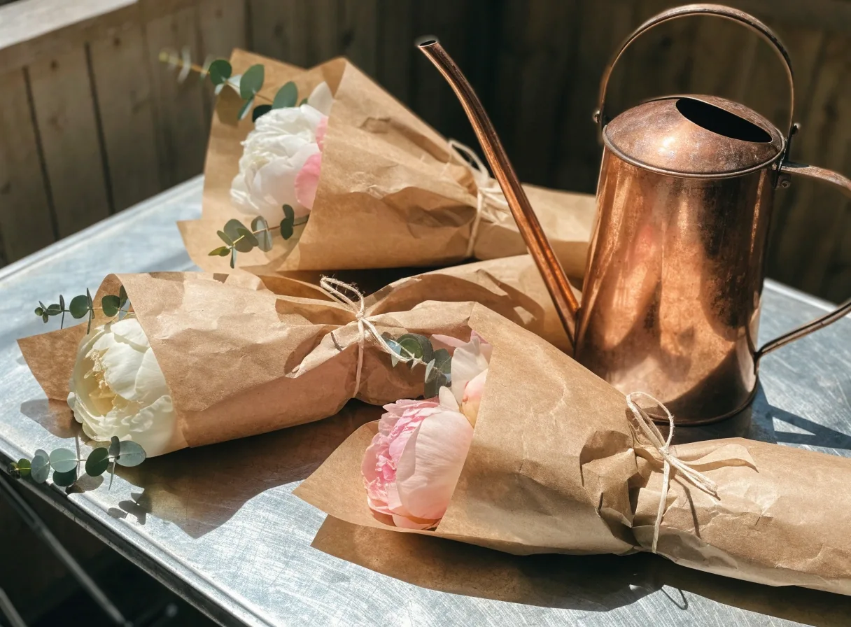 Comptoir d'un fleuriste parisien avec bouquets emballés