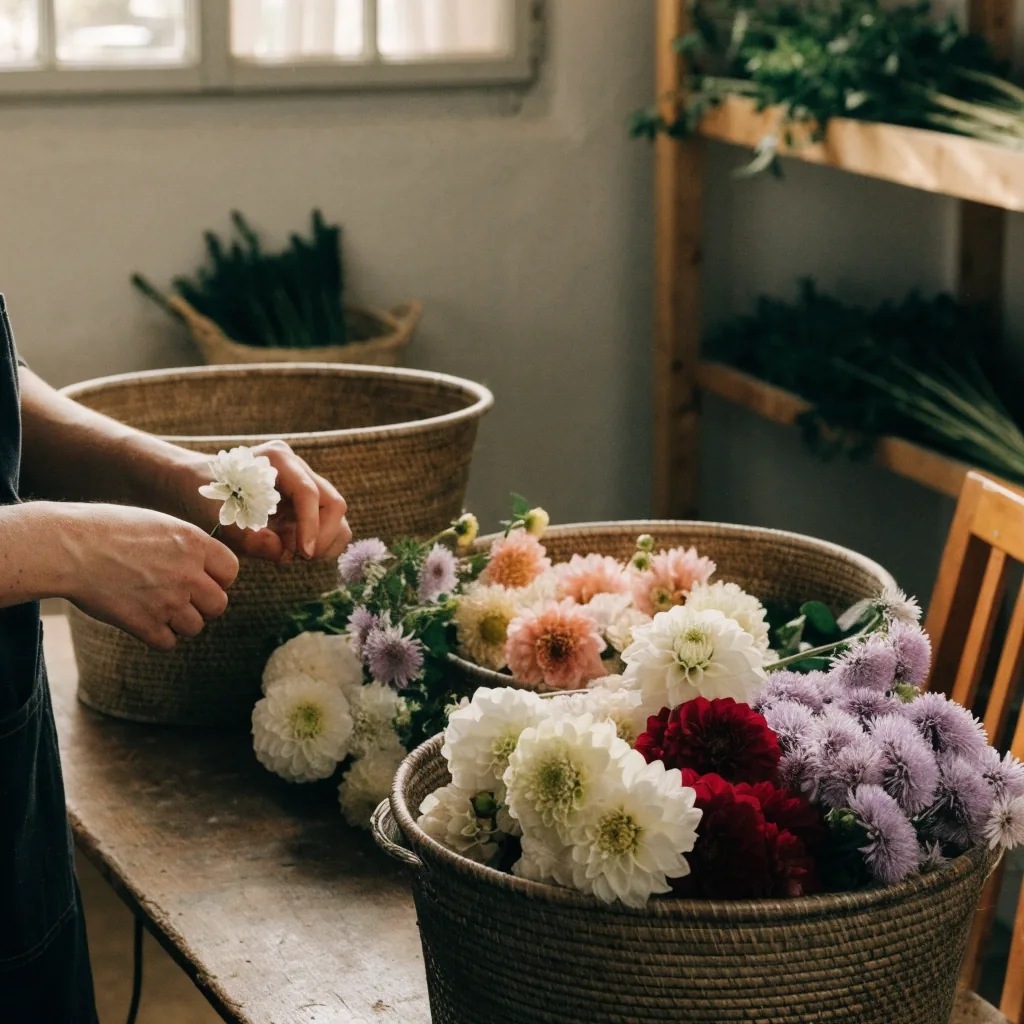 Préparation d'un bouquet de saison par un fleuriste