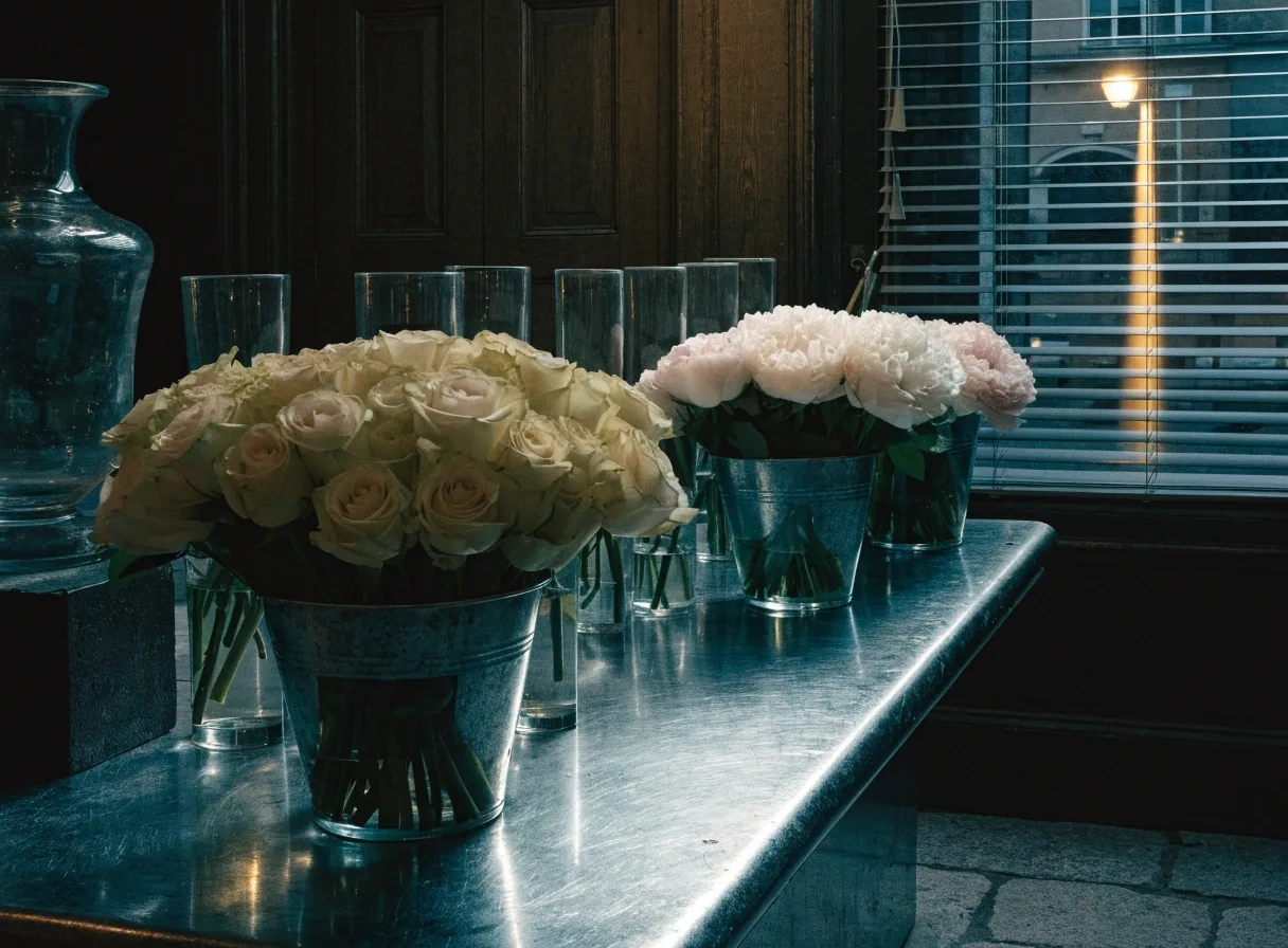 Arrière-boutique d’un fleuriste parisien avec seaux de roses et pivoines