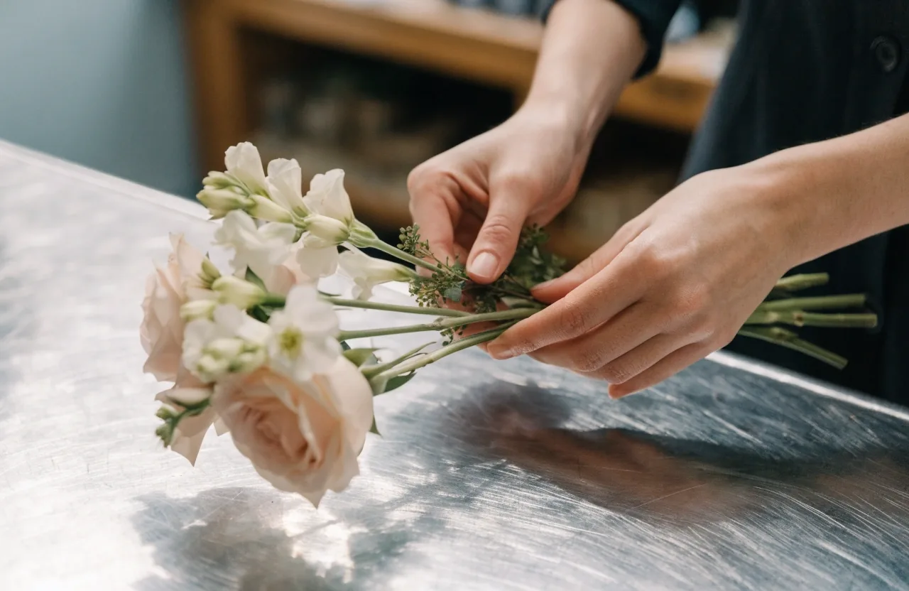 Mains tenant un bouquet de saison au-dessus d’un comptoir de fleuriste