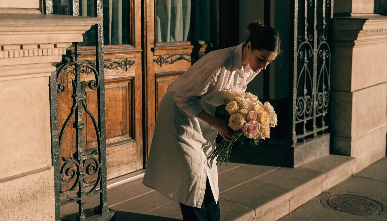 Entrée d'immeuble parisien où un fleuriste s'apprête à livrer