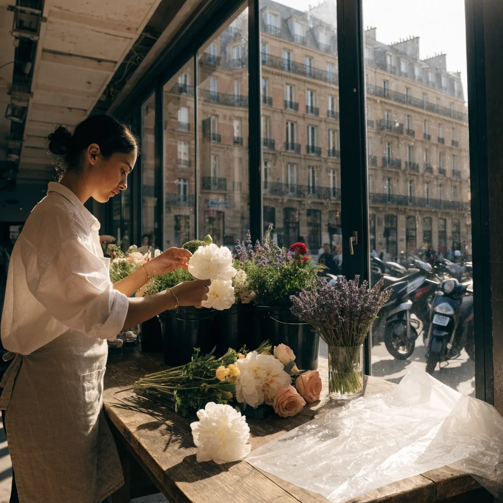 Fleuriste composant un bouquet dans son atelier