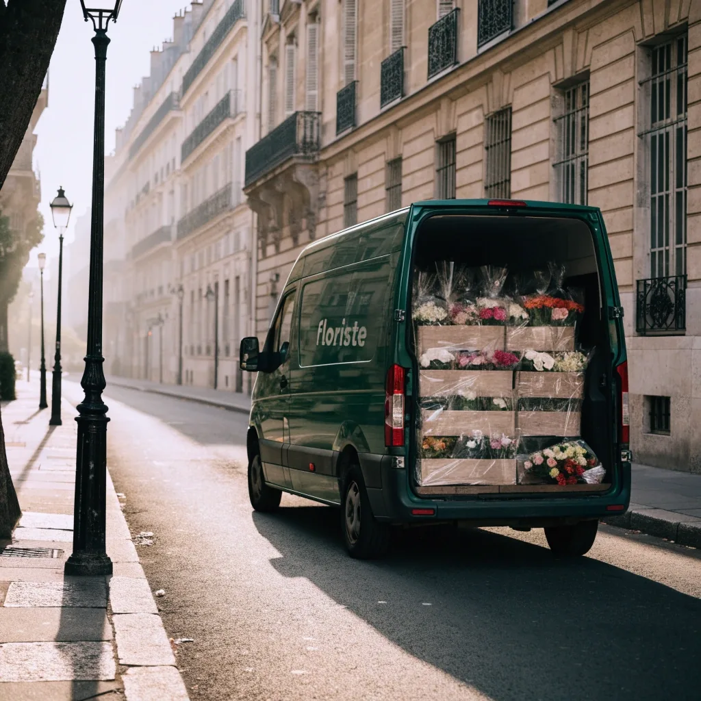 Livraison d'un bouquet par un fleuriste à une porte d'immeuble parisien