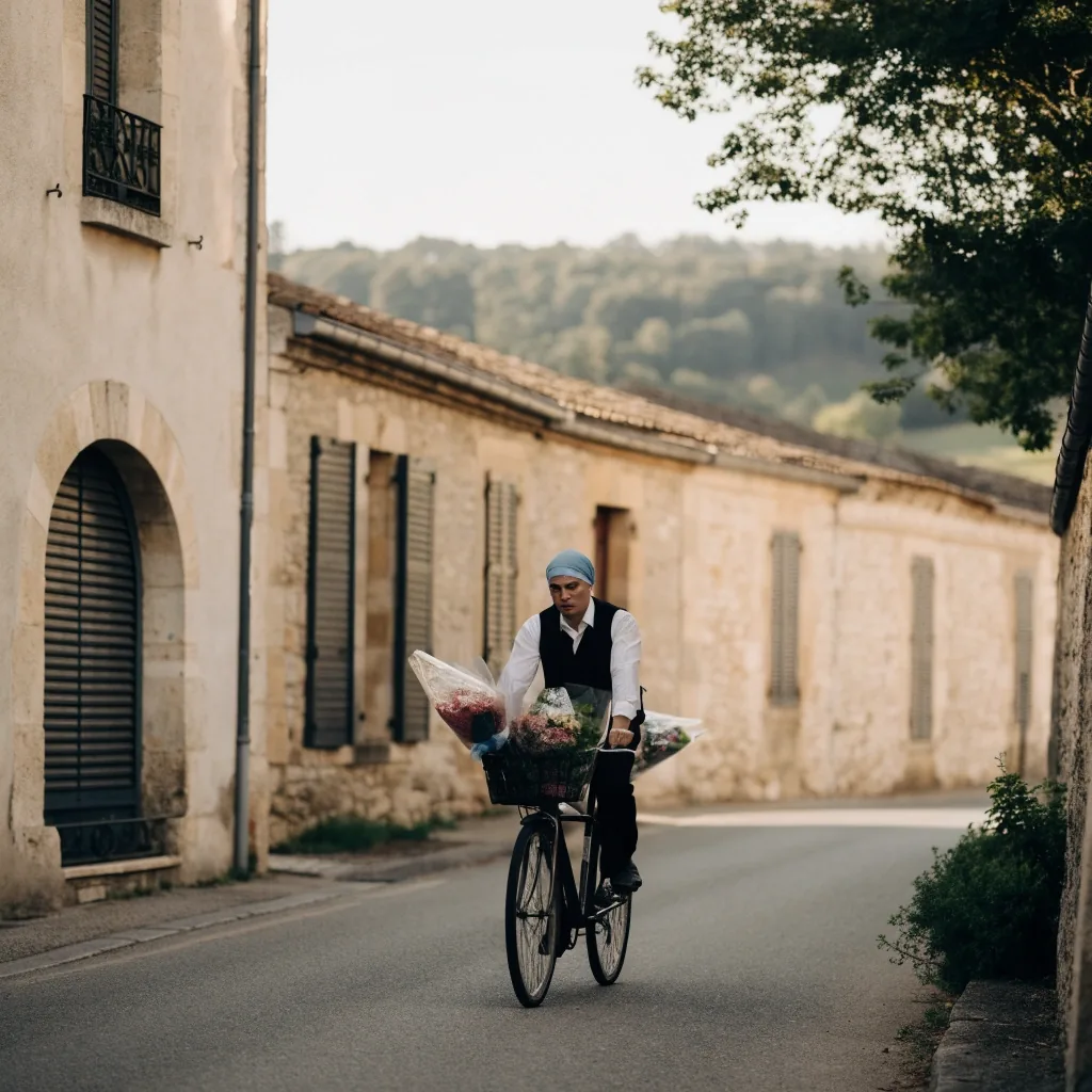 Livreur fleuriste à vélo dans une rue résidentielle en France