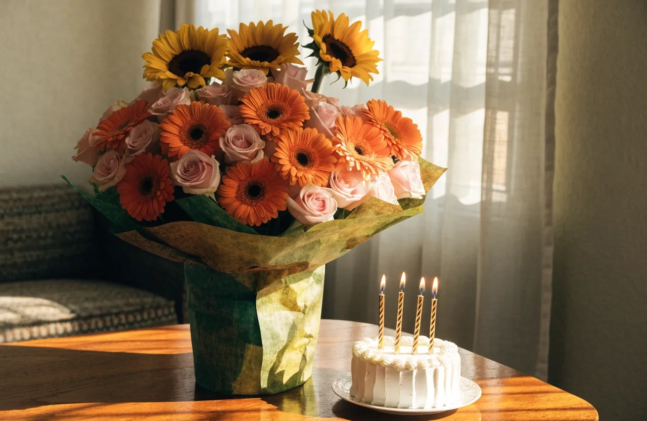 Bouquet d’anniversaire coloré avec gerberas et tournesols