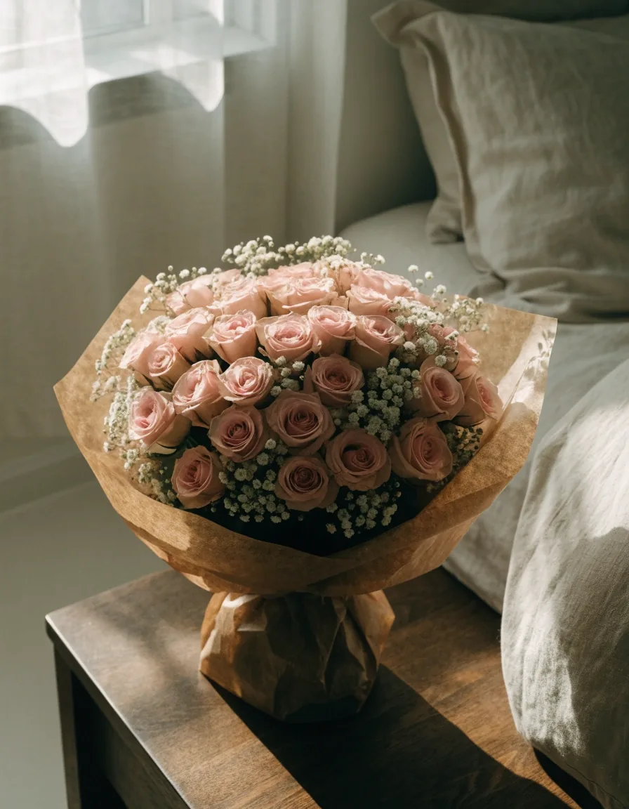 Bouquet rond compact de roses et gypsophile