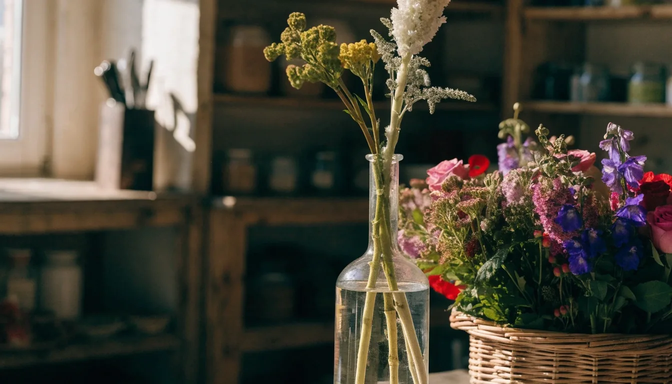Bouquet rond monté à la main sur un comptoir de fleuriste à Paris