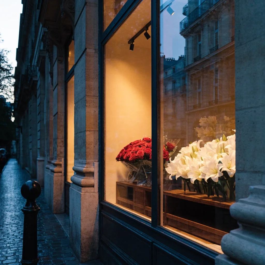 Boutique de fleurs à Paris en fin de journée
