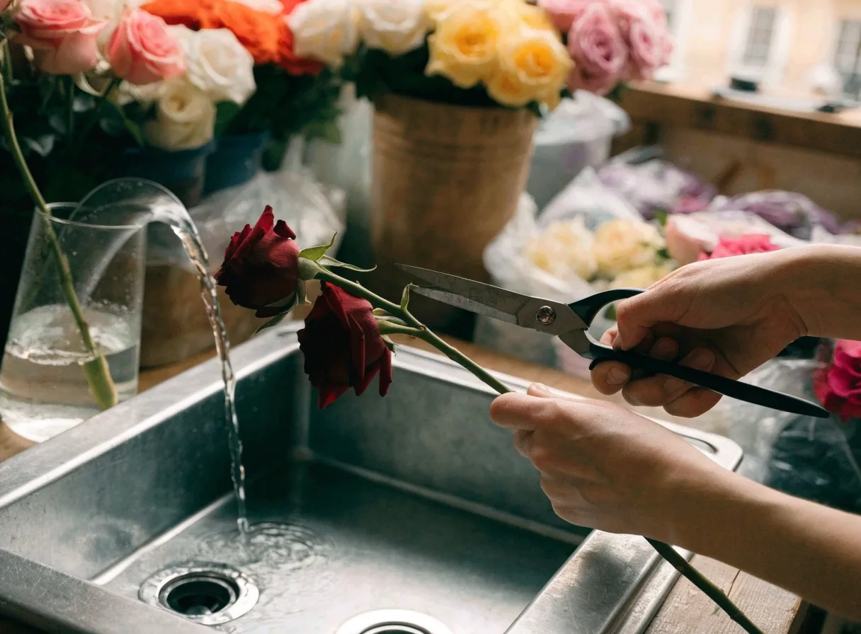Entretien d’un bouquet : tiges recoupées et eau changée