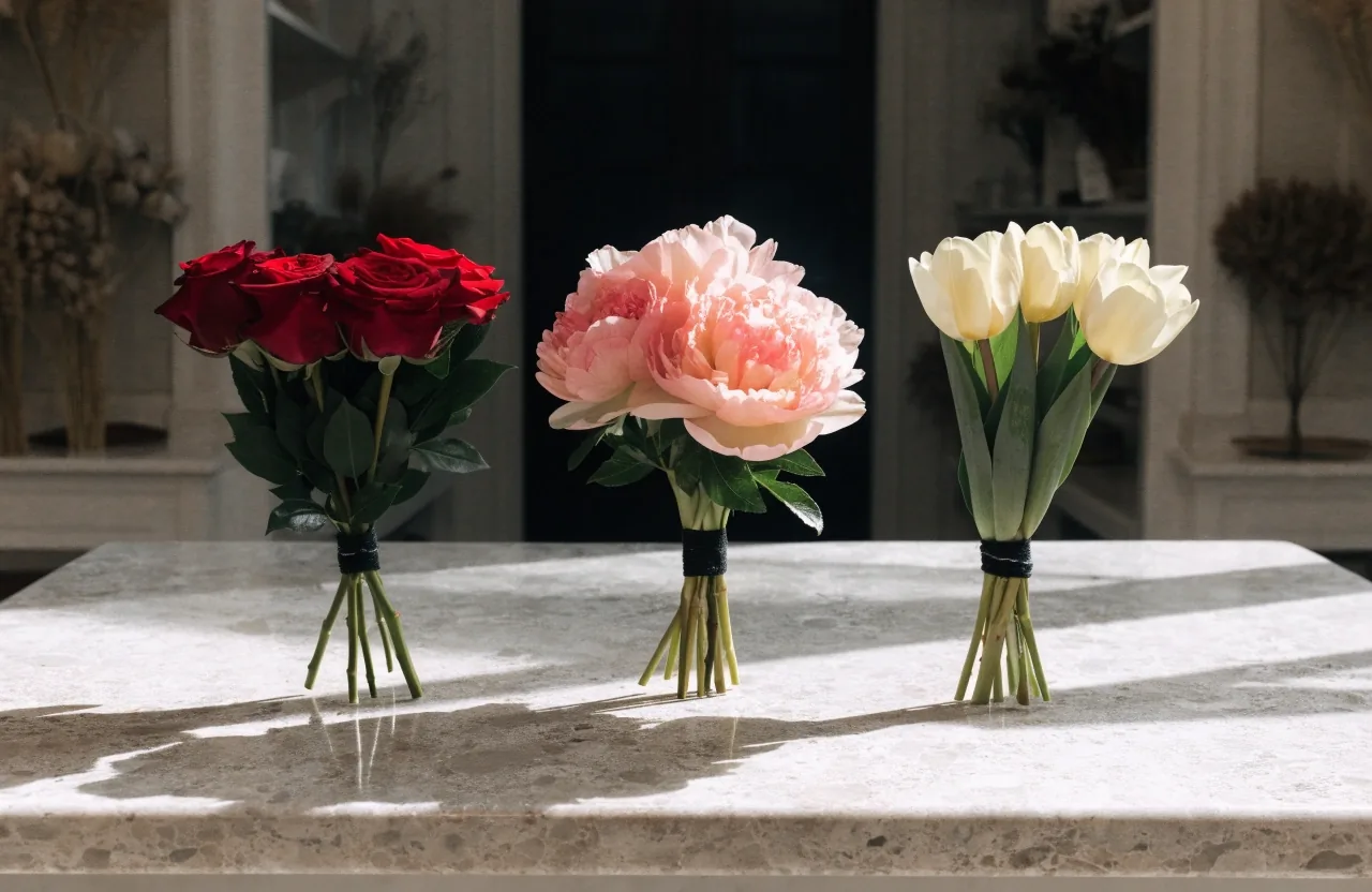 Roses, pivoines et tulipes chez le fleuriste