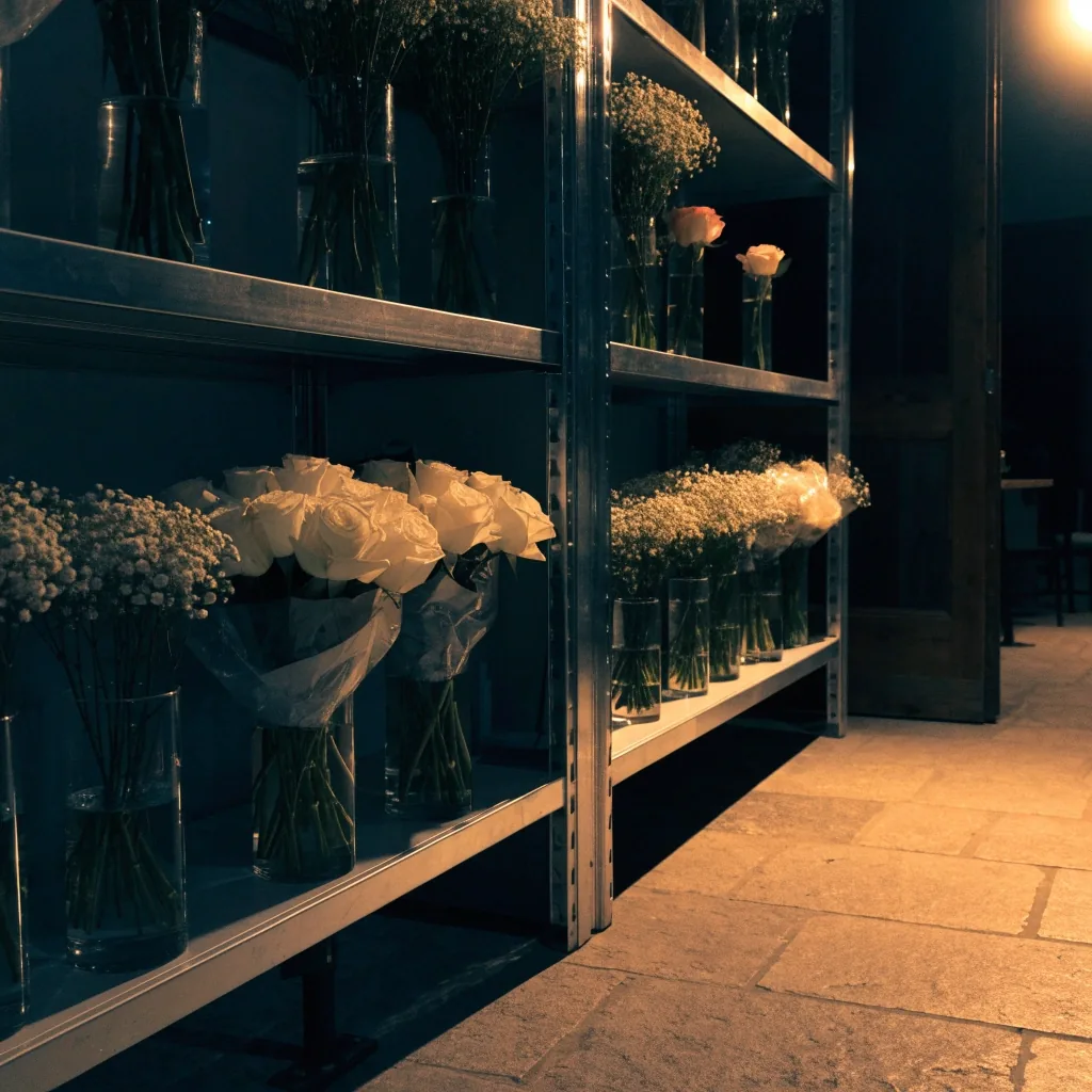 Atelier de fleuriste parisien la nuit avec bouquets blancs