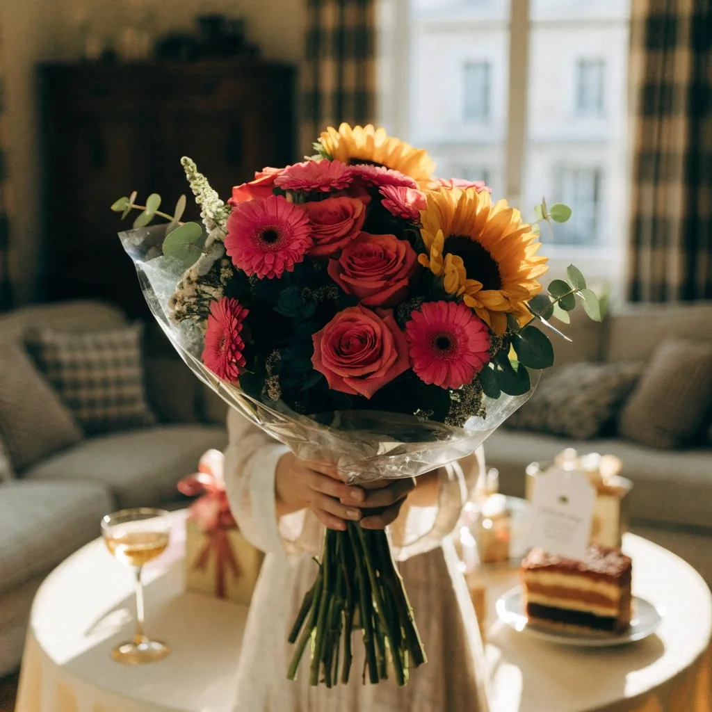 Bouquet d'anniversaire généreux avec roses et gerberas