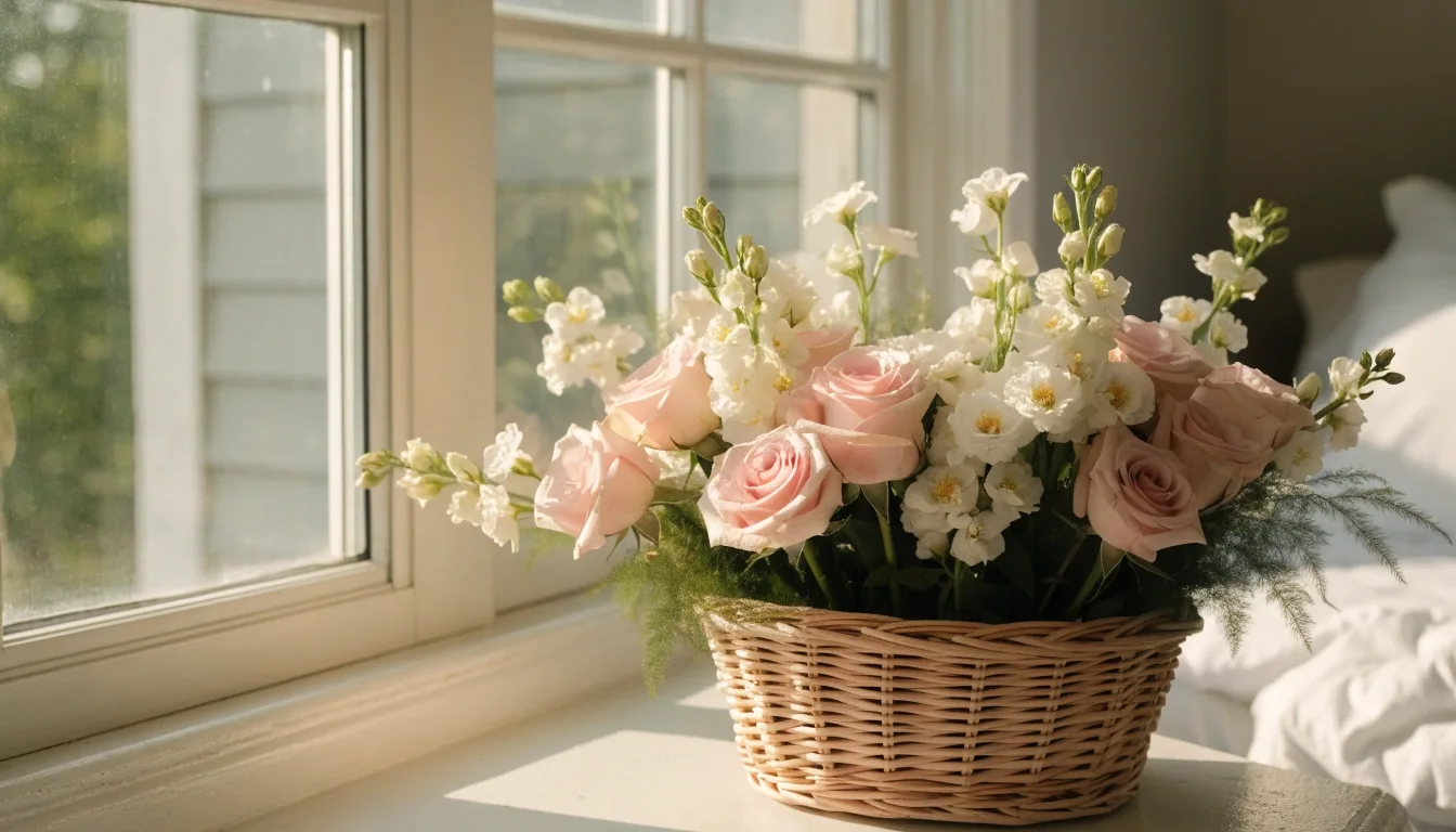 Bouquet doux de naissance en rose pâle et blanc