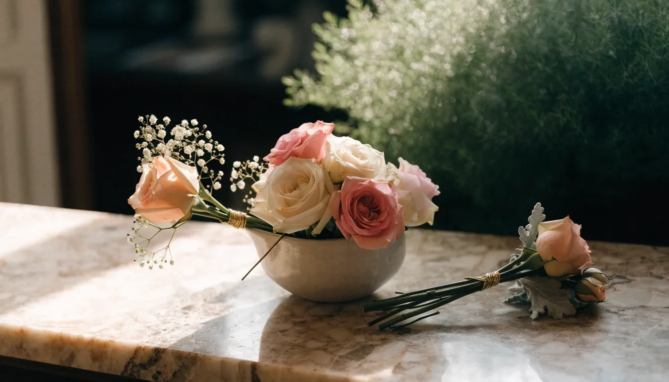 Comptoir calme d’un atelier de fleuriste parisien avec bouquets préparés pour la livraison