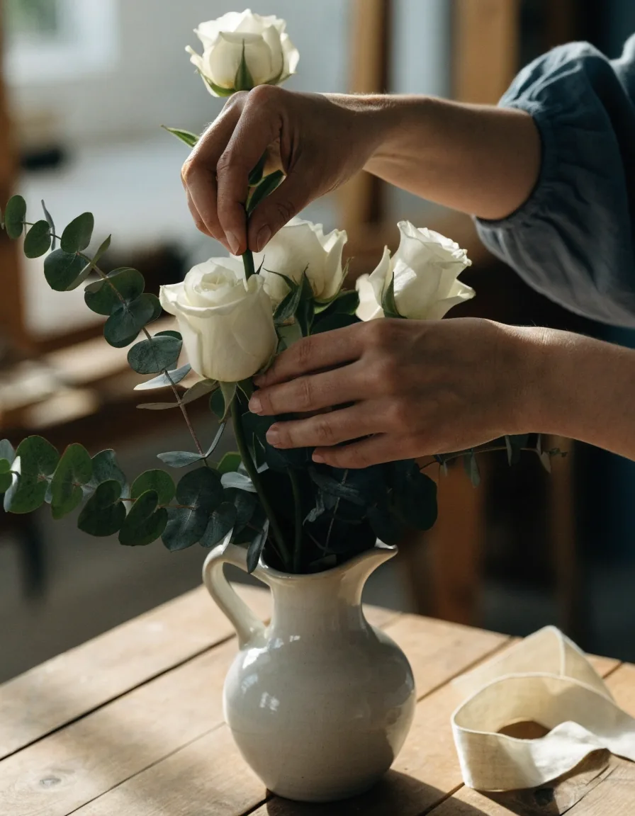 Mains attachant un bouquet emballé dans du papier kraft sur une table d’atelier