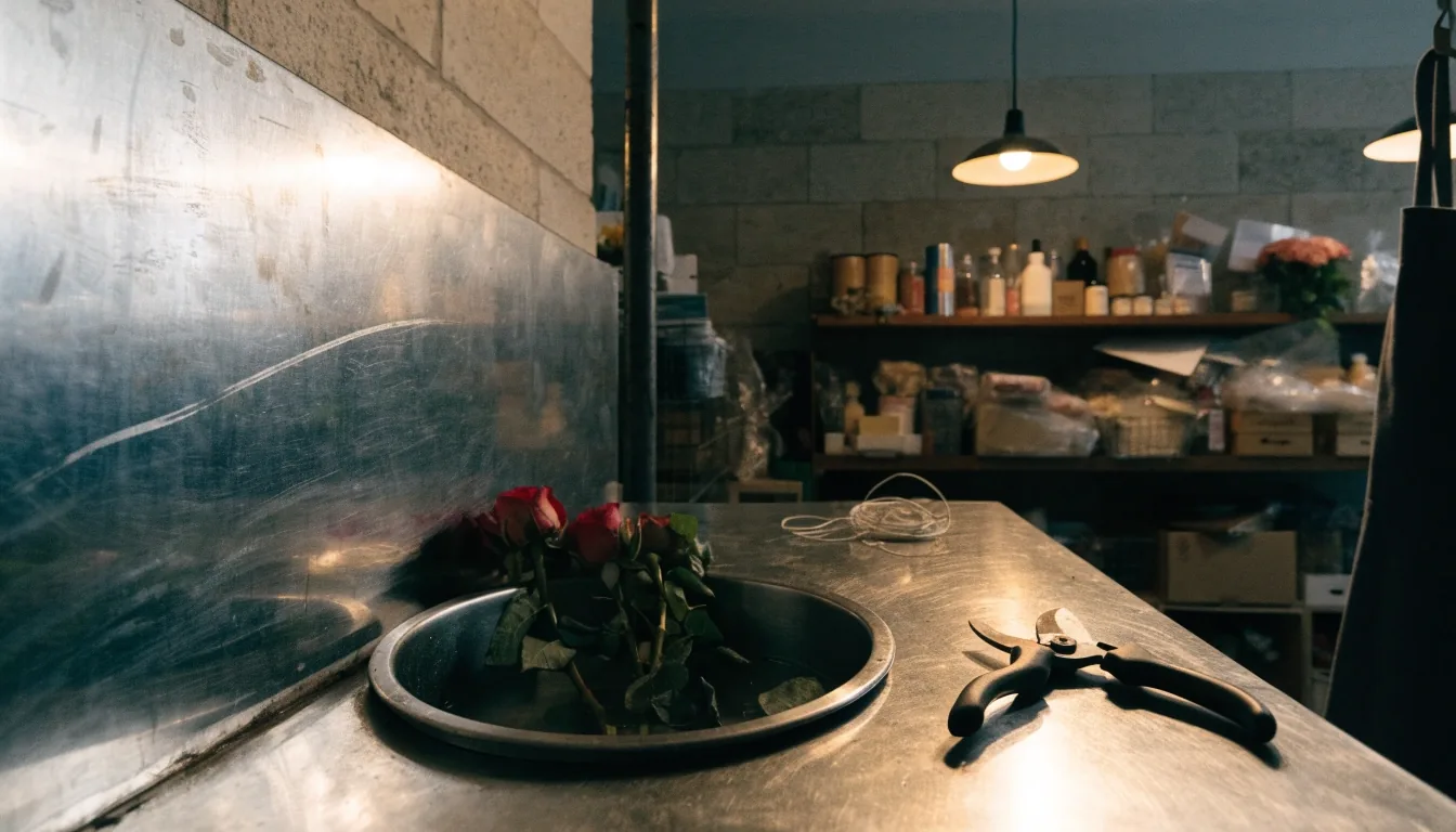 Arrière-comptoir d’un fleuriste parisien le soir