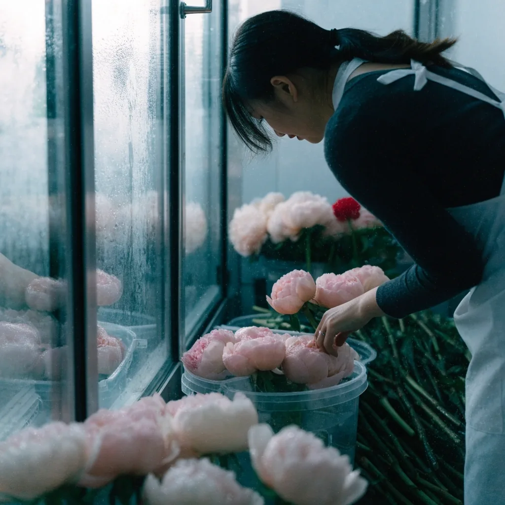 Composition d’un bouquet de pivoines dans la chambre froide du fleuriste