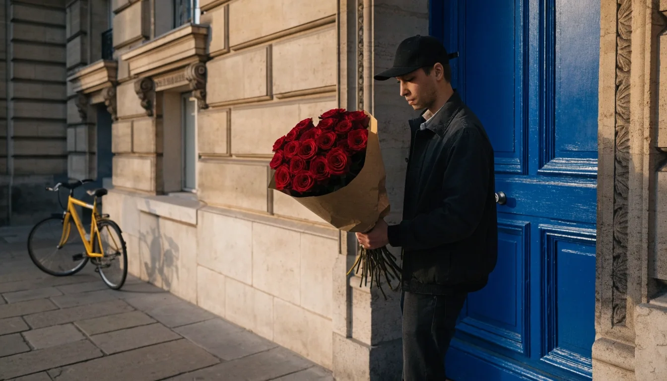 Livraison d’un bouquet Interflora devant un immeuble parisien