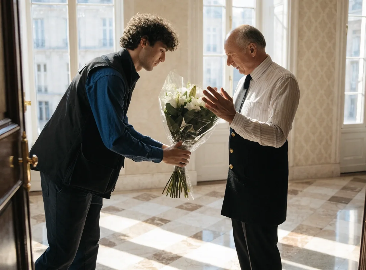 Remise d’un bouquet au gardien lors d’une livraison Interflora