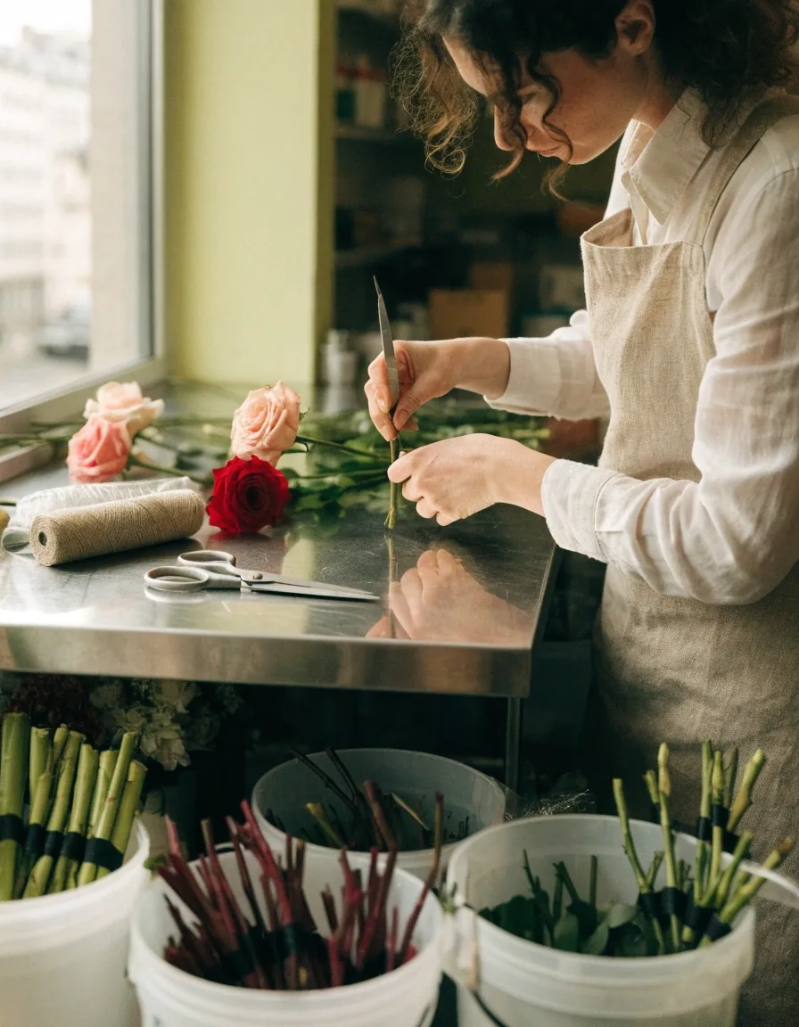Arrière-comptoir calme d’un fleuriste parisien avec seaux de roses et tiges de saison